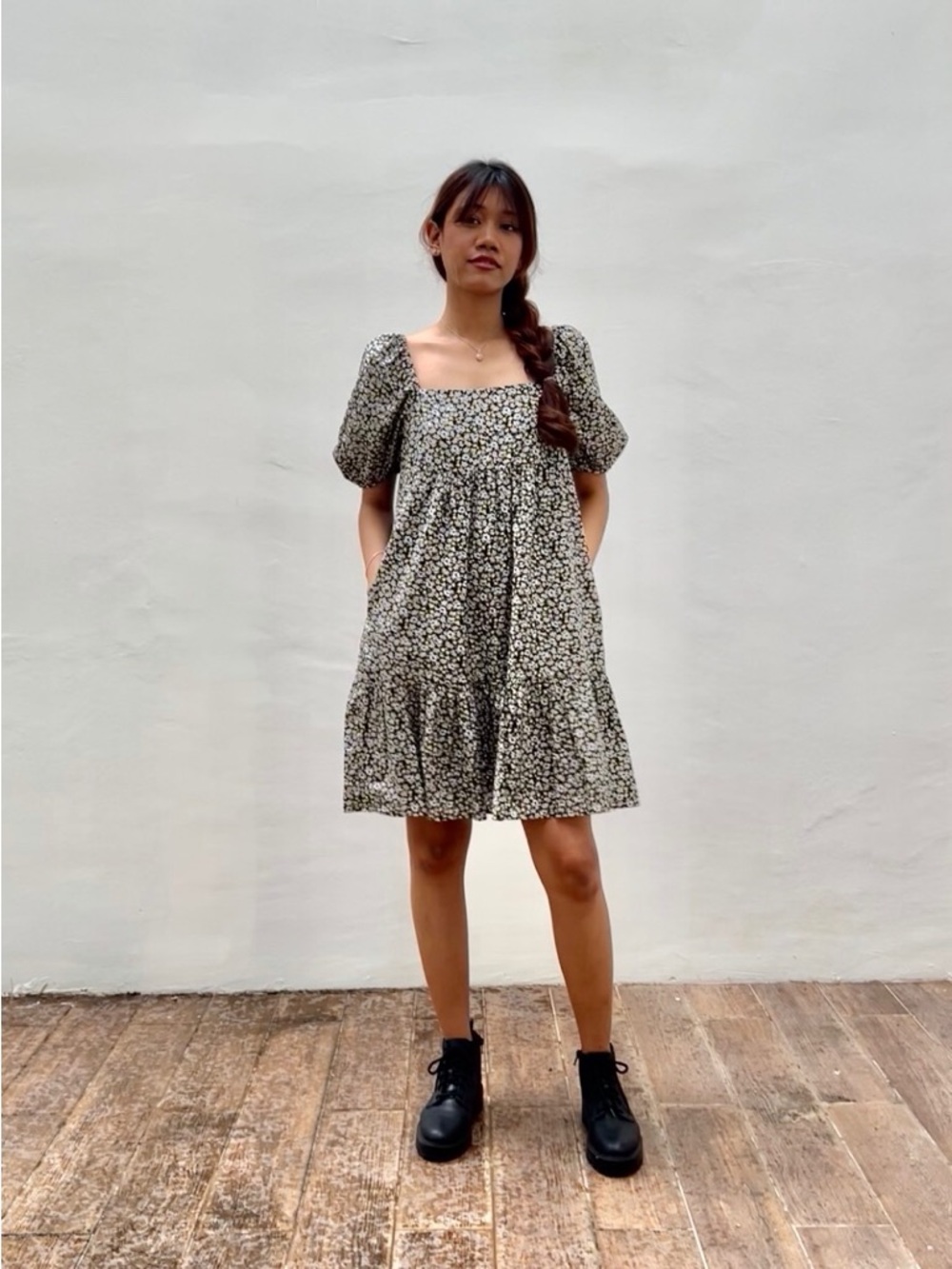 Uniqlo Black Mini Dress with White Daisy Print